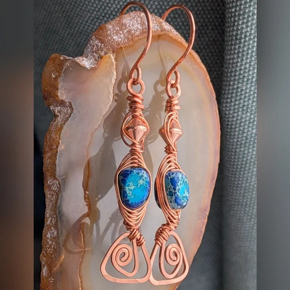 Eclectic Copper Earrings Vibrant Coastal Blue Jasper Artisan Crafted Jewelry - Picture 8 of 11